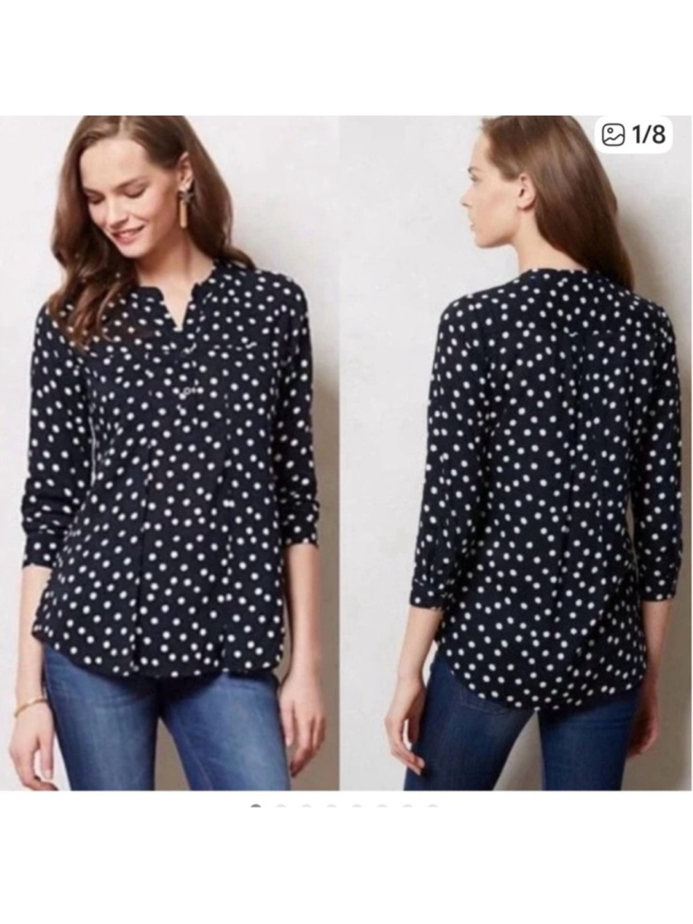 Anthropologie Maeve Brunia Henley Navy Polka Dot Blouse size small